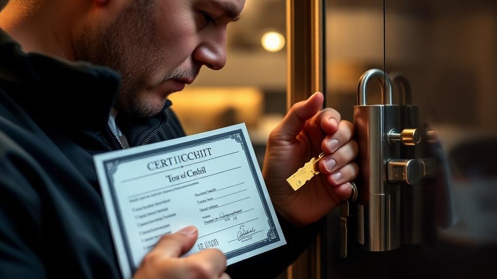 Serrurier professionnel vérifiant ses certifications et inspectant une serrure